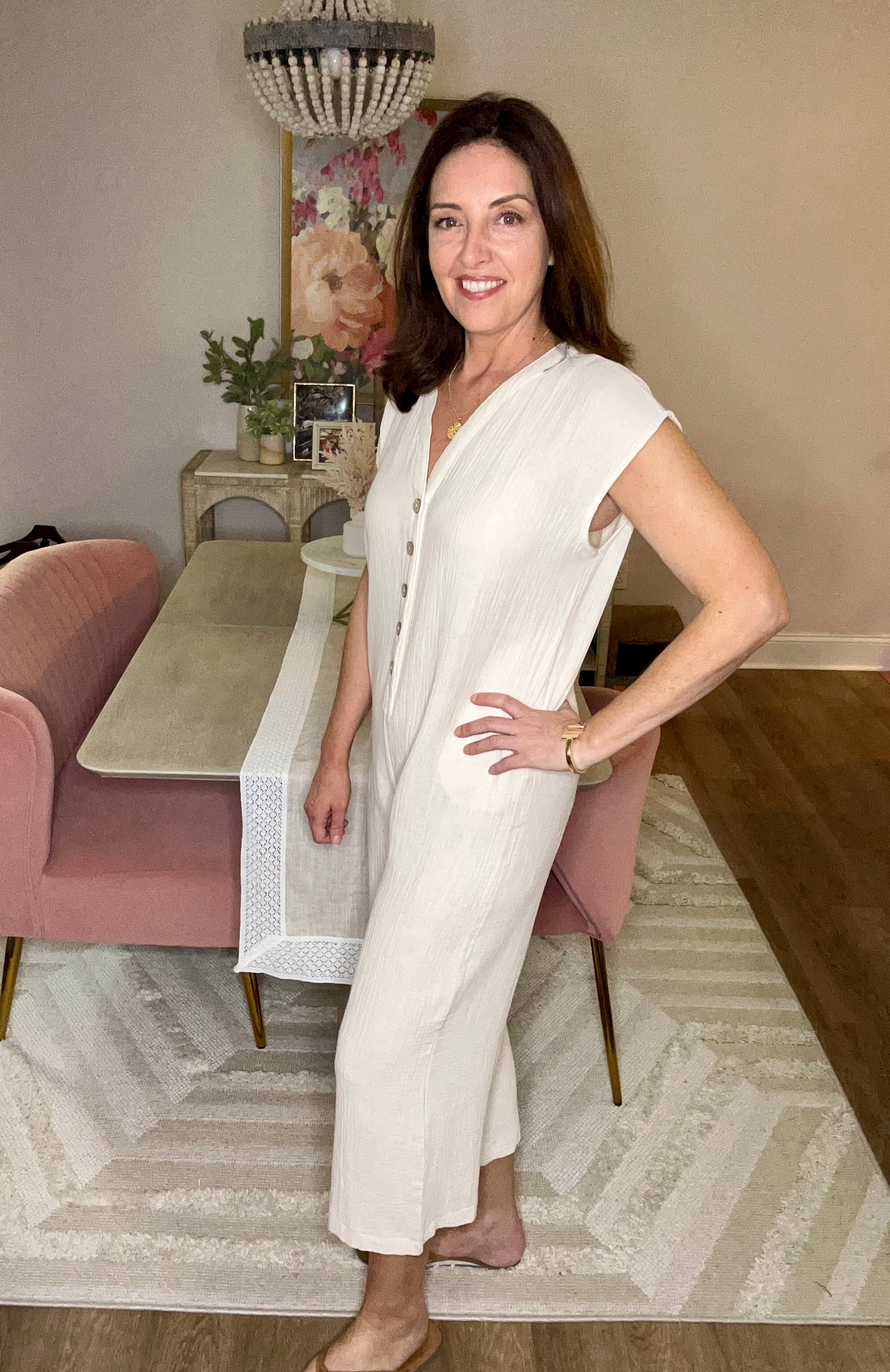 Cream Cotton Guaze Button Down Jumpsuit - Pink Peonies