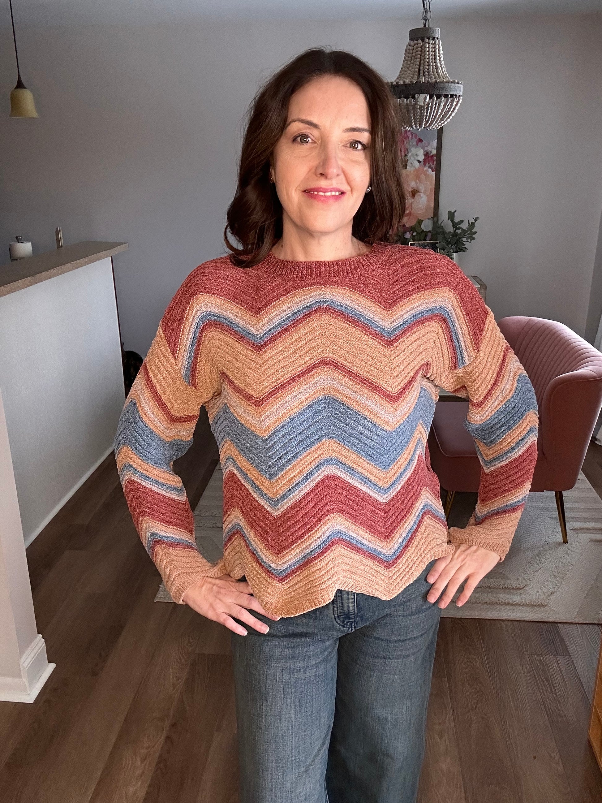 Rose Multi Zig-Zag Pointelle Chenille Sweater - Pink Peonies