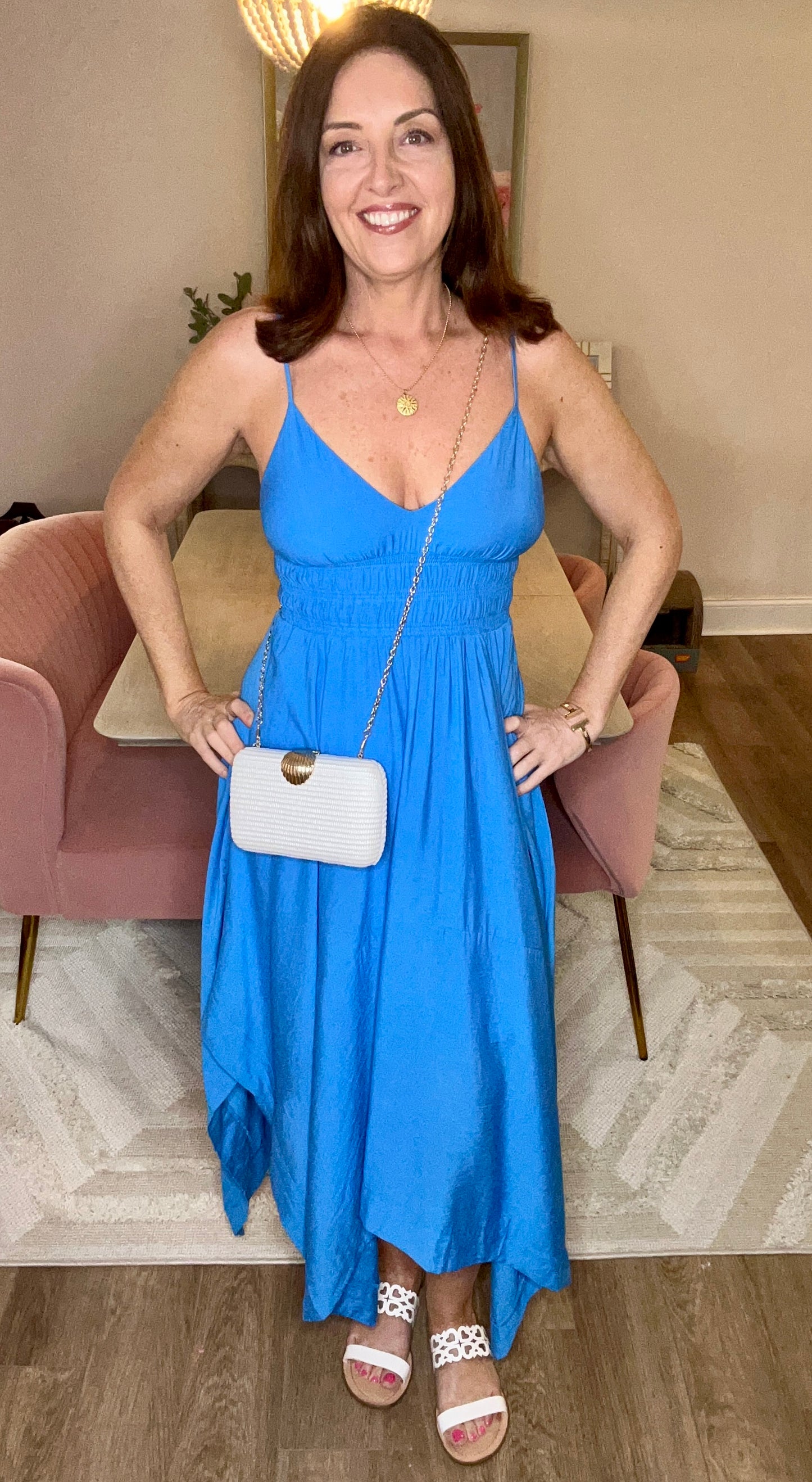 Indigo Dreams V Neck Handkerchief Hem Sleeveless Blue Midi Dress - Pink Peonies