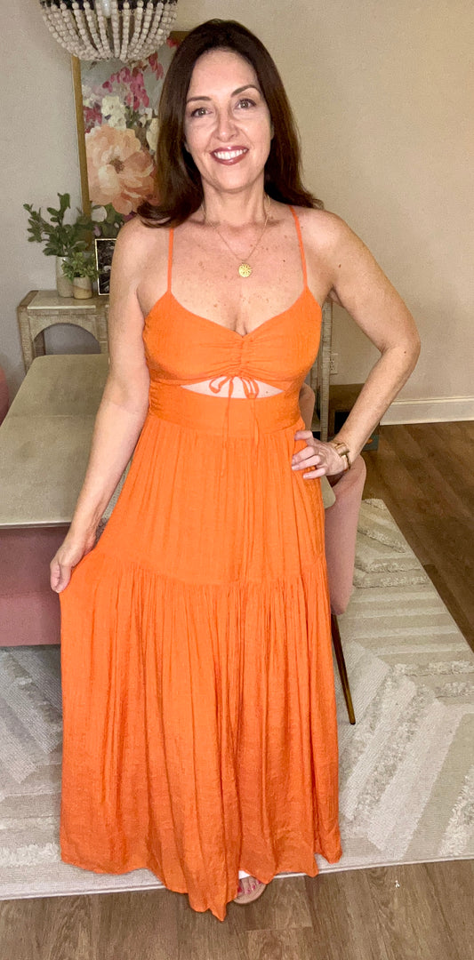 Sunset Muse Flame Orange Ruched Cut Out Ruffle Skirt Maxi Dress - Pink Peonies