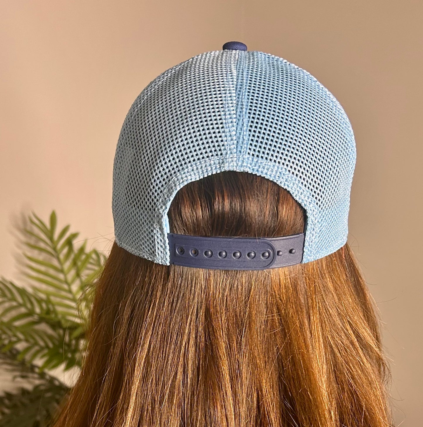 Boat Season Trucker Hat - Two-Tone Blue Mesh - Pink Peonies