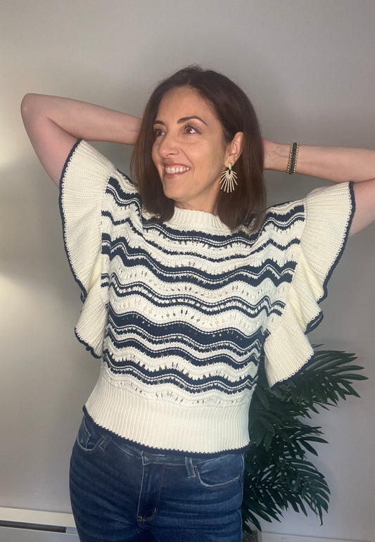 Ruffle Sleeve Wave Knit Sweater