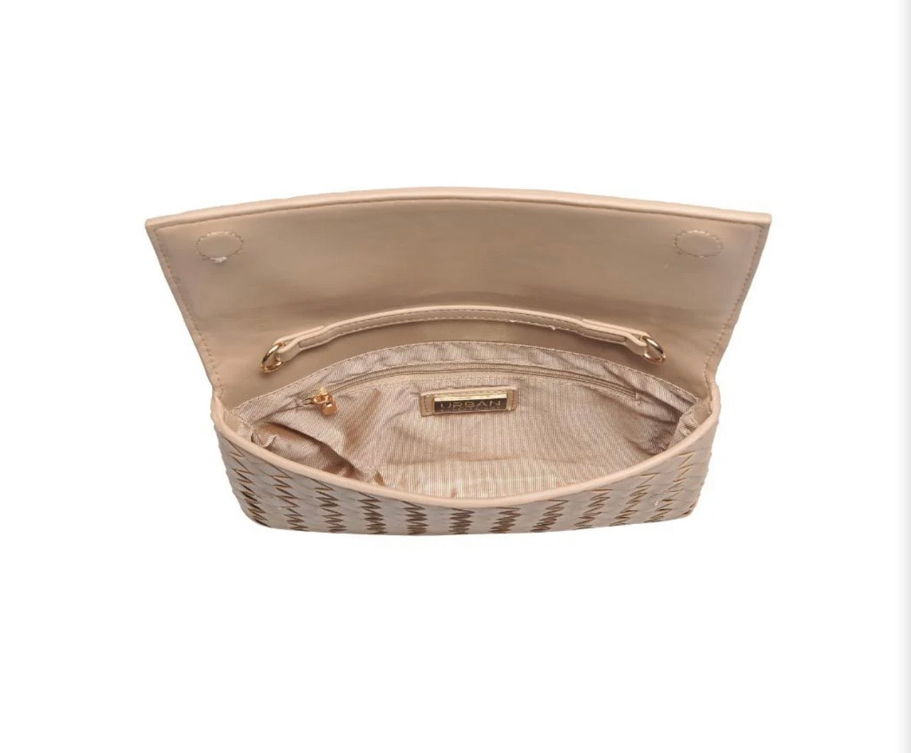 Woven Clutch with Detachable Gold Chain: Natural - Pink Peonies