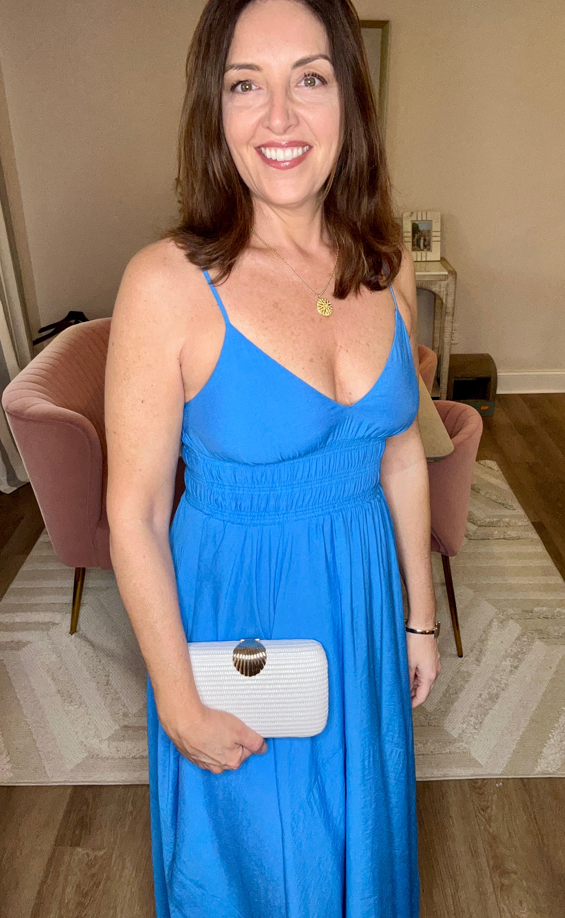 Indigo Dreams V Neck Handkerchief Hem Sleeveless Blue Midi Dress - Pink Peonies