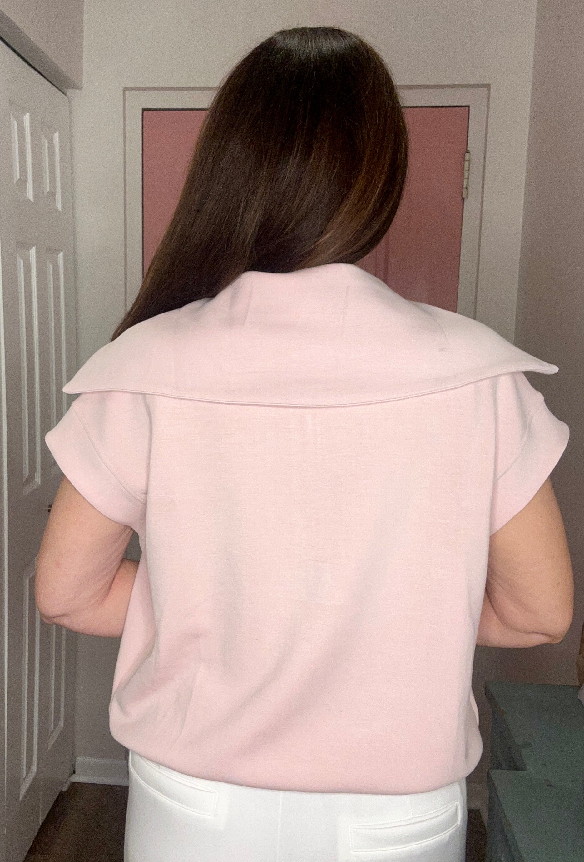 Modal Short Sleeve Quarter Zip Sleeveless Top: Baby Pink - Pink Peonies