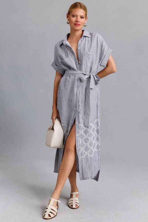 Navy Striped Belted Shirt Maxi Dress - Pink Peonies