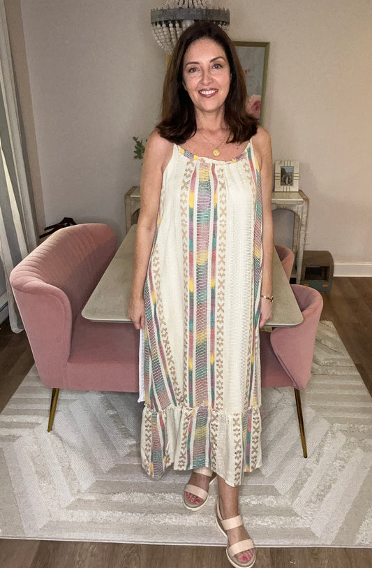 Embroidered Slip Style Multicolor Maxi Dress - Pink Peonies