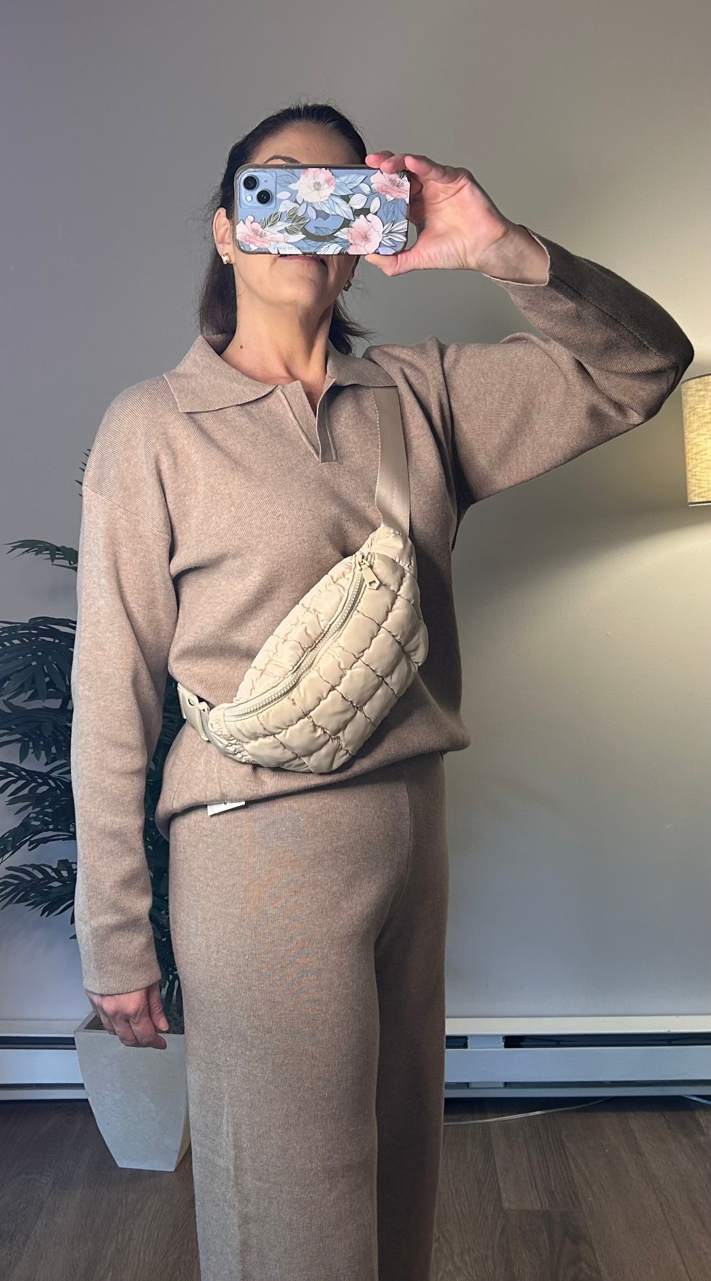 Long Sleeve Top and Pants Sweater Set: Khaki - Pink Peonies