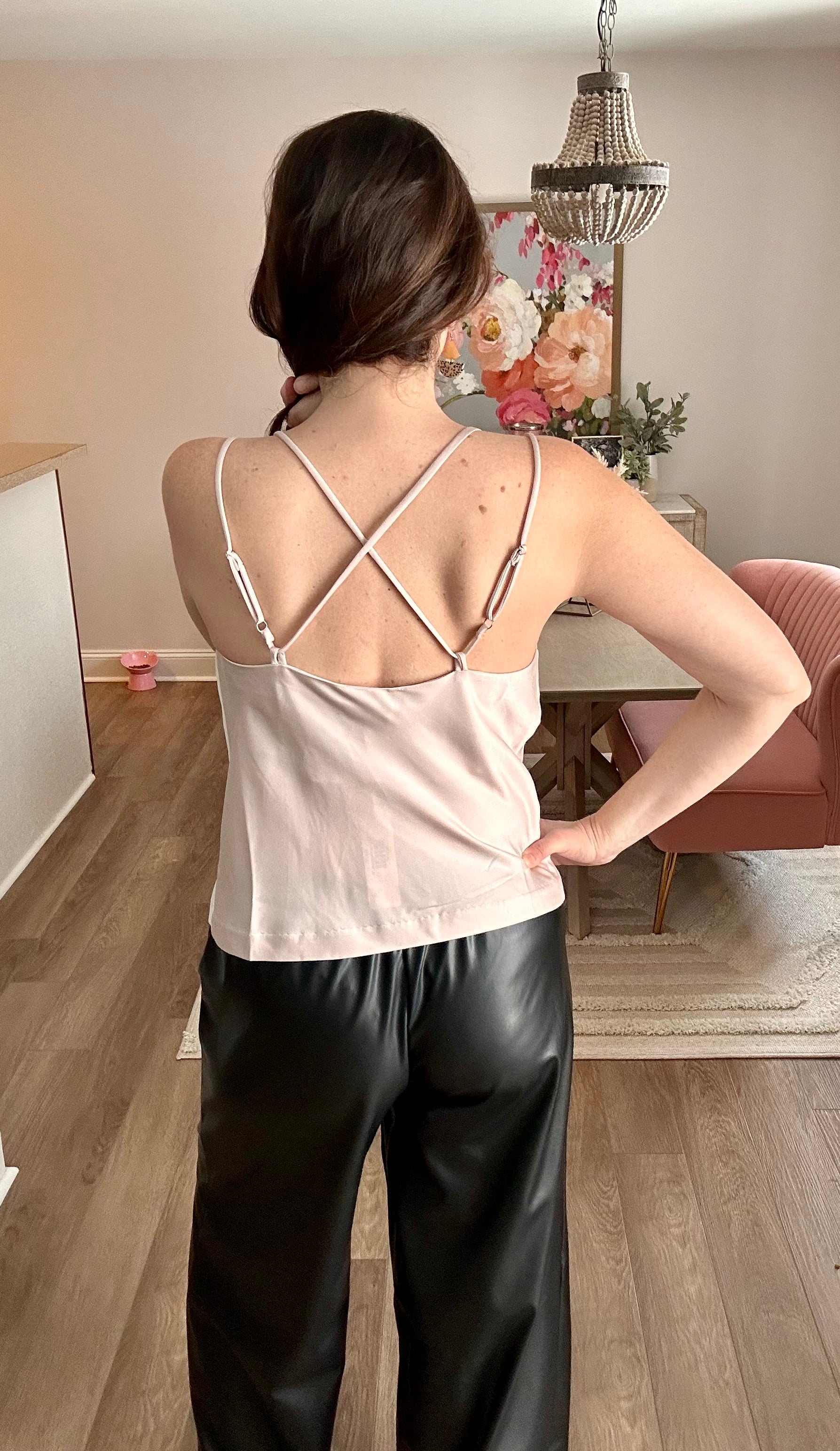 Silky Cow Neck Strappy Cami - Pink Peonies