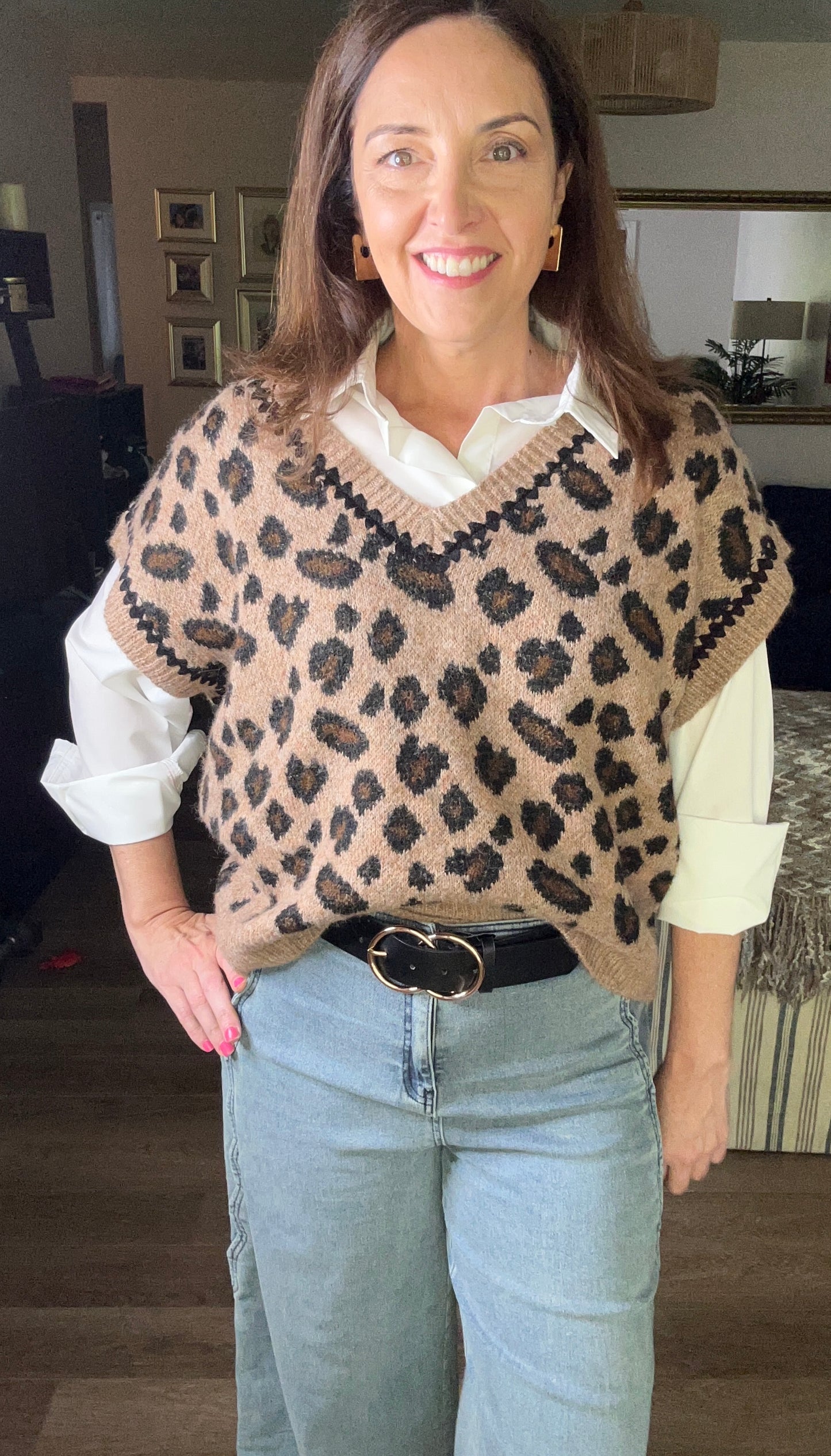 Leopard Crochet Trim Sweater Vest