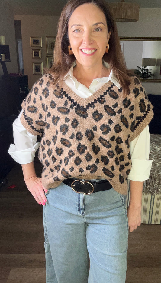 Leopard Crochet Trim Sweater Vest