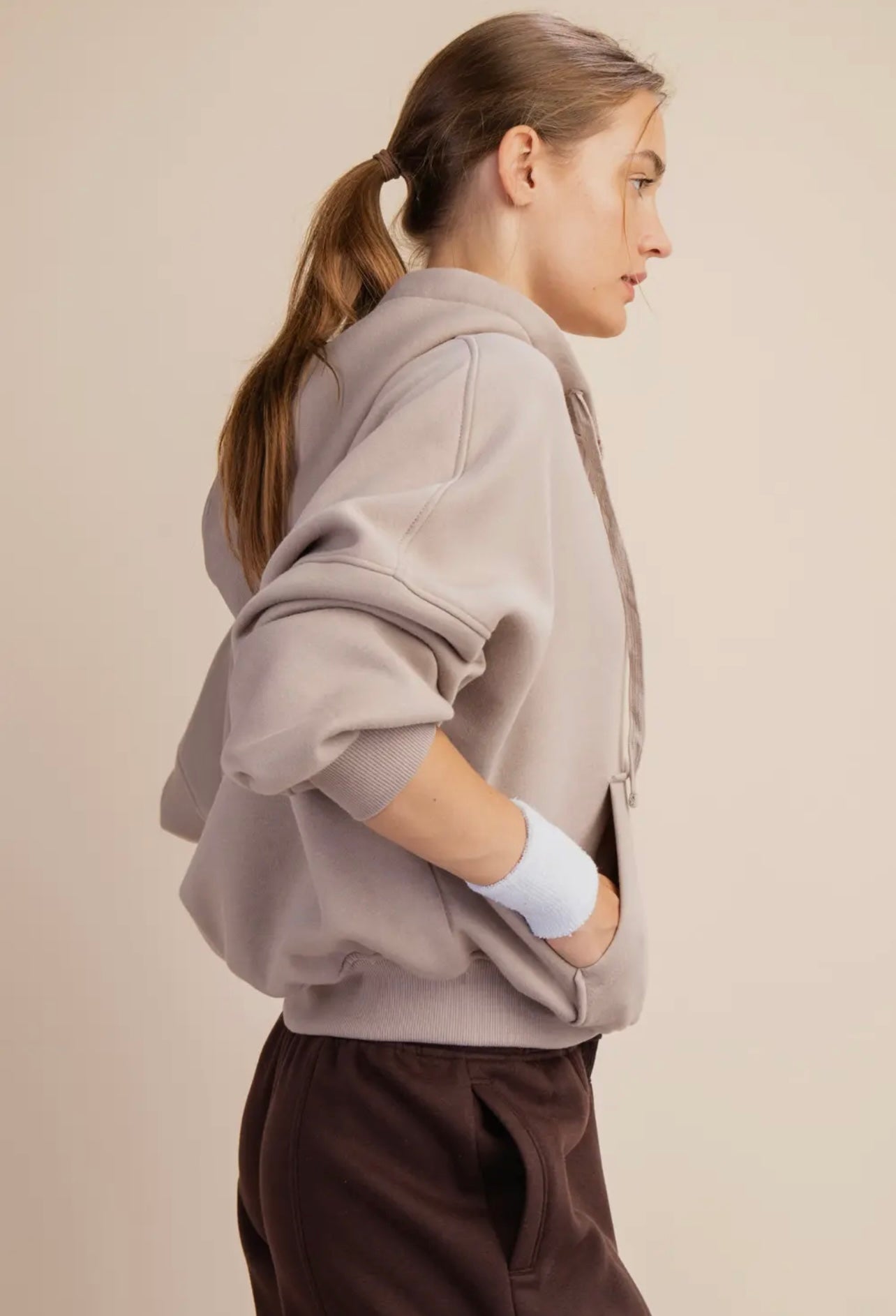 French Terry Fleece Quarter Zip Hoodie Jacket - Pink Peonies