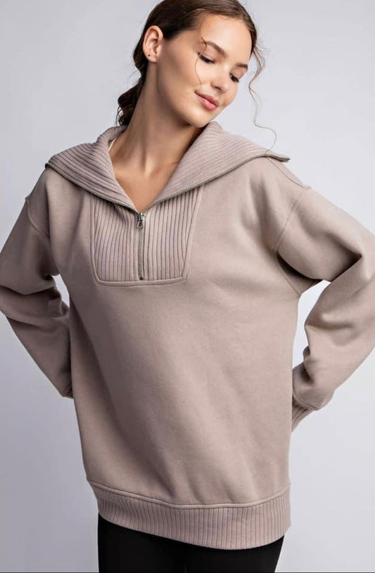 French Terry Fleece Ribbed Mock Neck Pullover