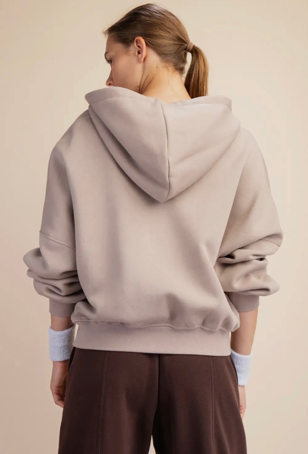 French Terry Fleece Quarter Zip Hoodie Jacket - Pink Peonies