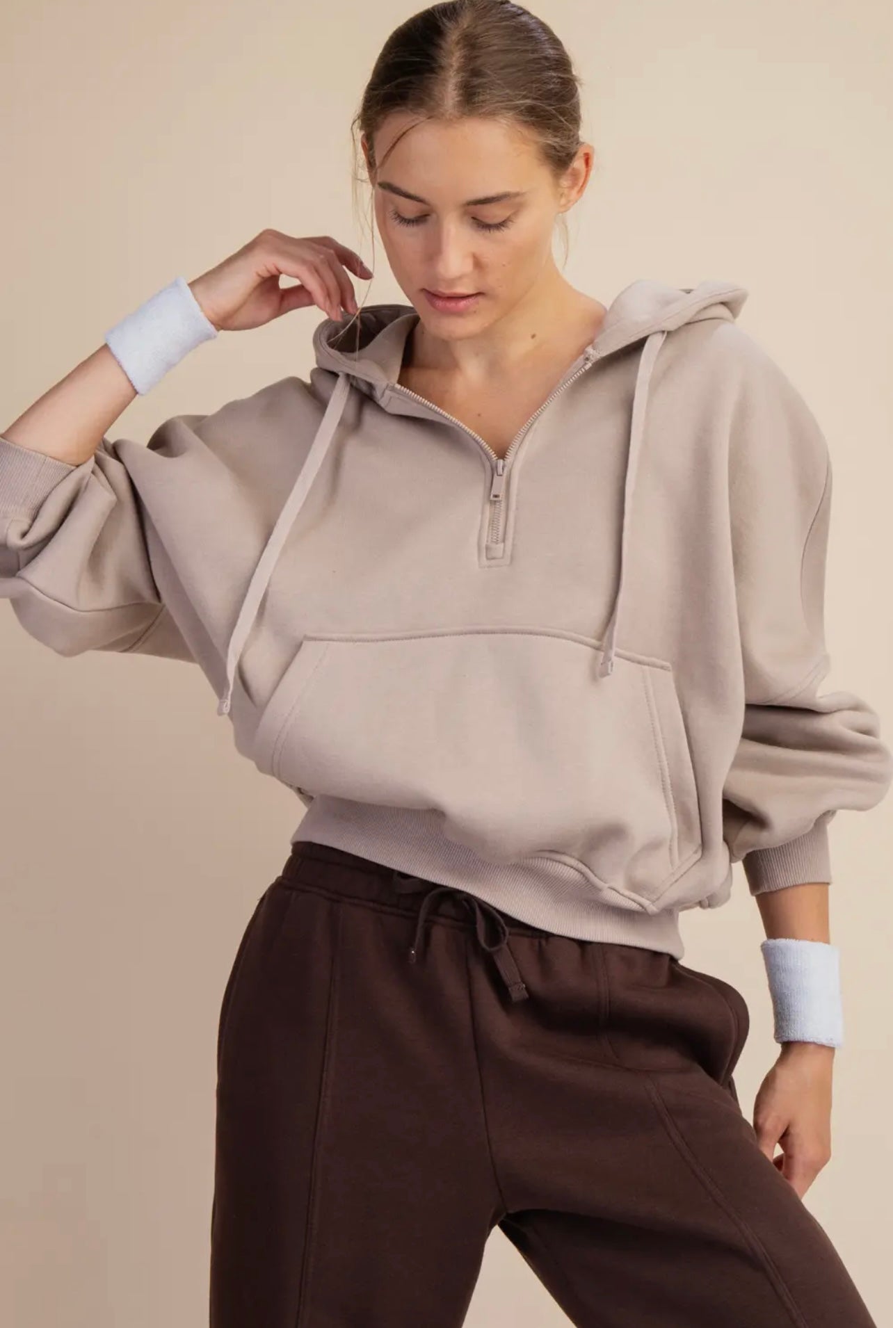 French Terry Fleece Quarter Zip Hoodie Jacket - Pink Peonies