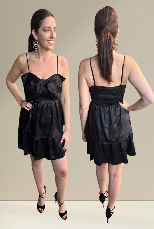 Adjustable Strap Smocked Back Black Bow Mini Dress