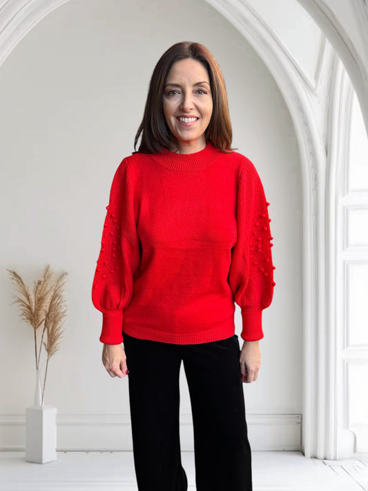 Red Pom Pom Balloon Sleeve Sweater