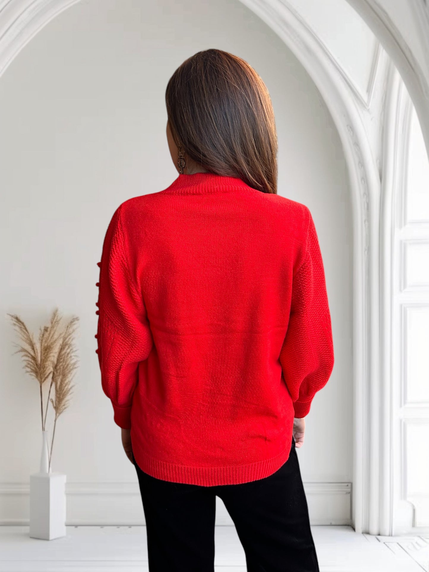 Red Pom Pom Balloon Sleeve Sweater