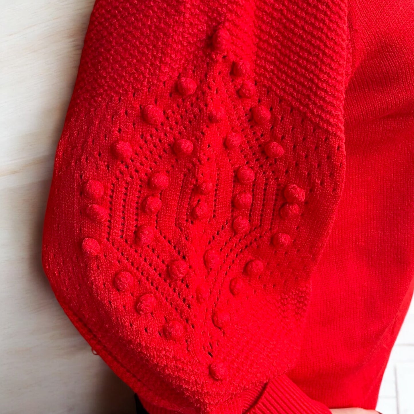 Red Pom Pom Balloon Sleeve Sweater