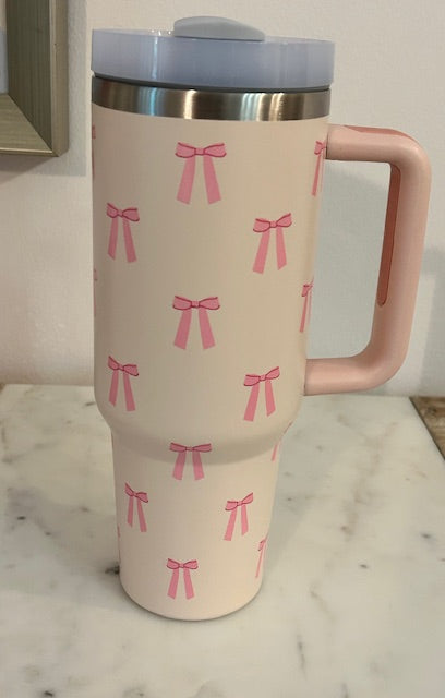 40 oz Pink Stainless Steel Handled Bow Tumbler with Straw - Pink Peonies