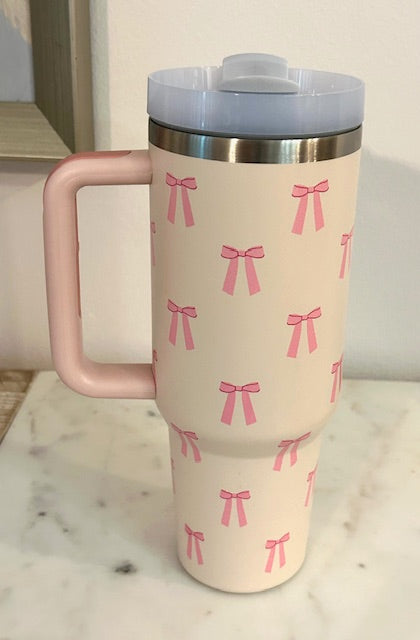 40 oz Pink Stainless Steel Handled Bow Tumbler with Straw - Pink Peonies