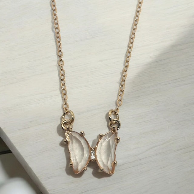 Gold Morning Dew Crystal Butterfly Necklace - Pink Peonies