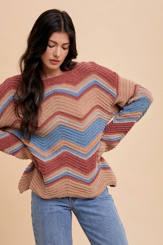 Rose Multi Zig-Zag Pointelle Chenille Sweater