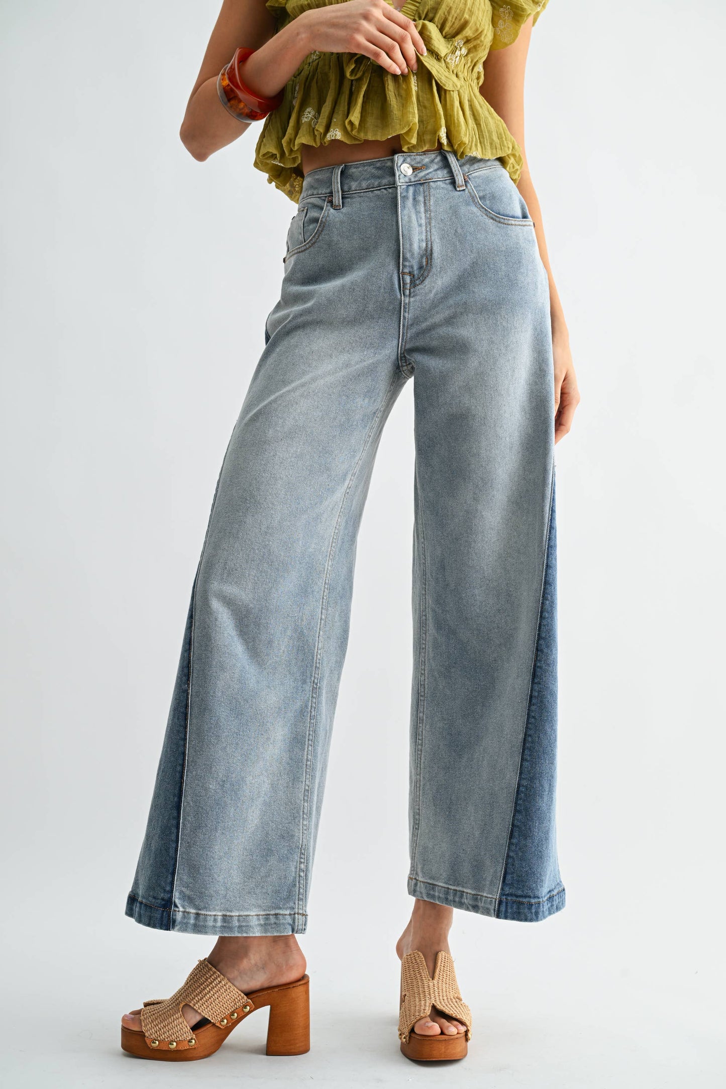 CB10162J Wide-Leg Two-Tone High Waist Denim Jeans: MEDIUM WASH / S-M-L (3-2-1) - Pink Peonies