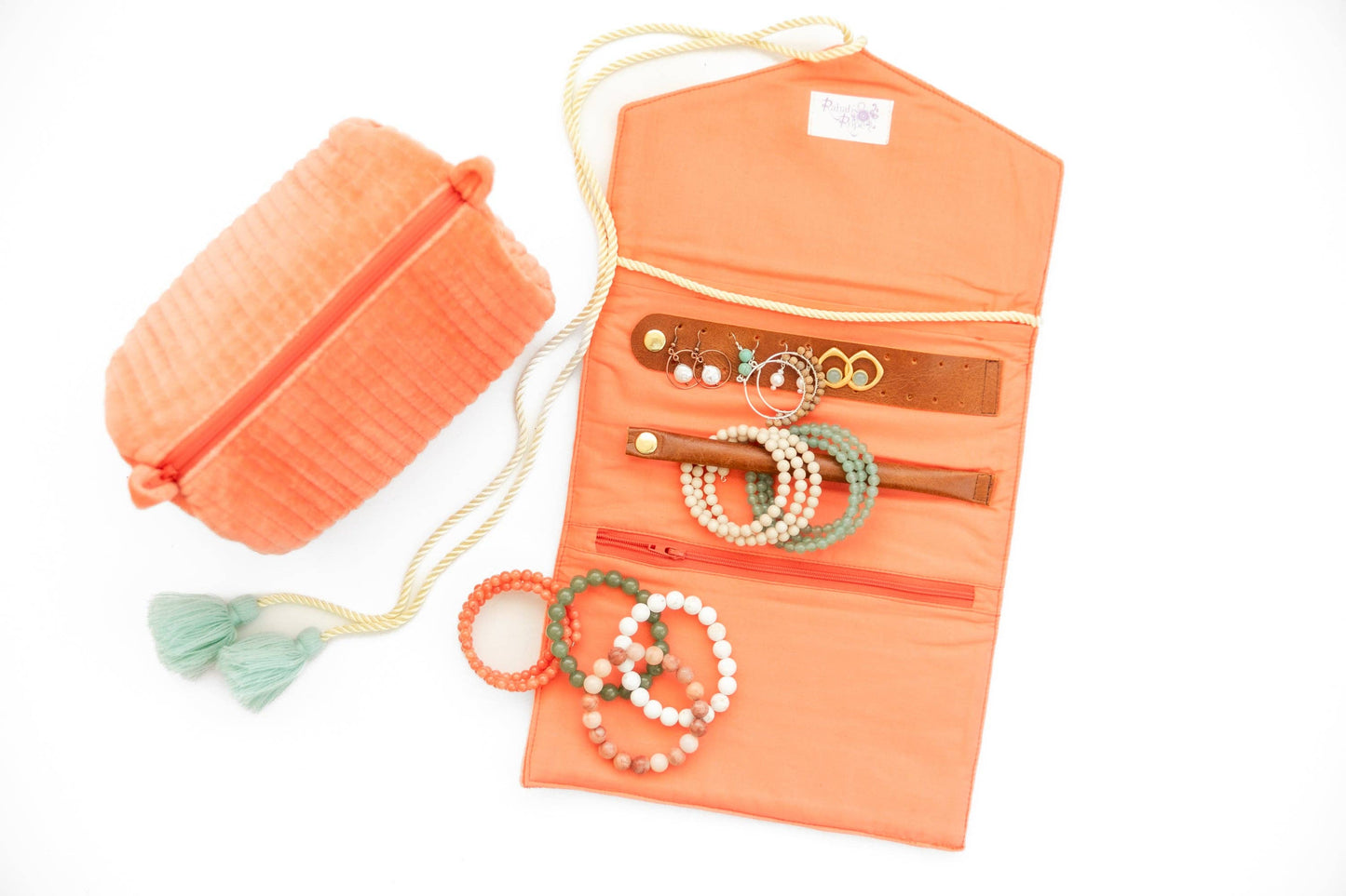 Embroidered Velvet Jewelry Organizer-Coral - Pink Peonies