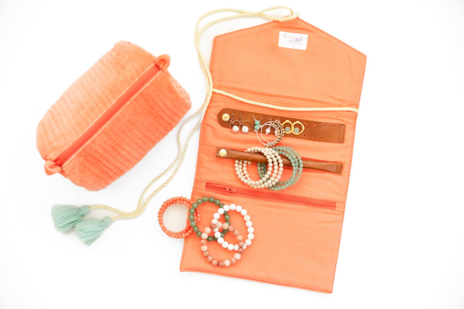 Embroidered Velvet Jewelry Organizer-Coral - Pink Peonies