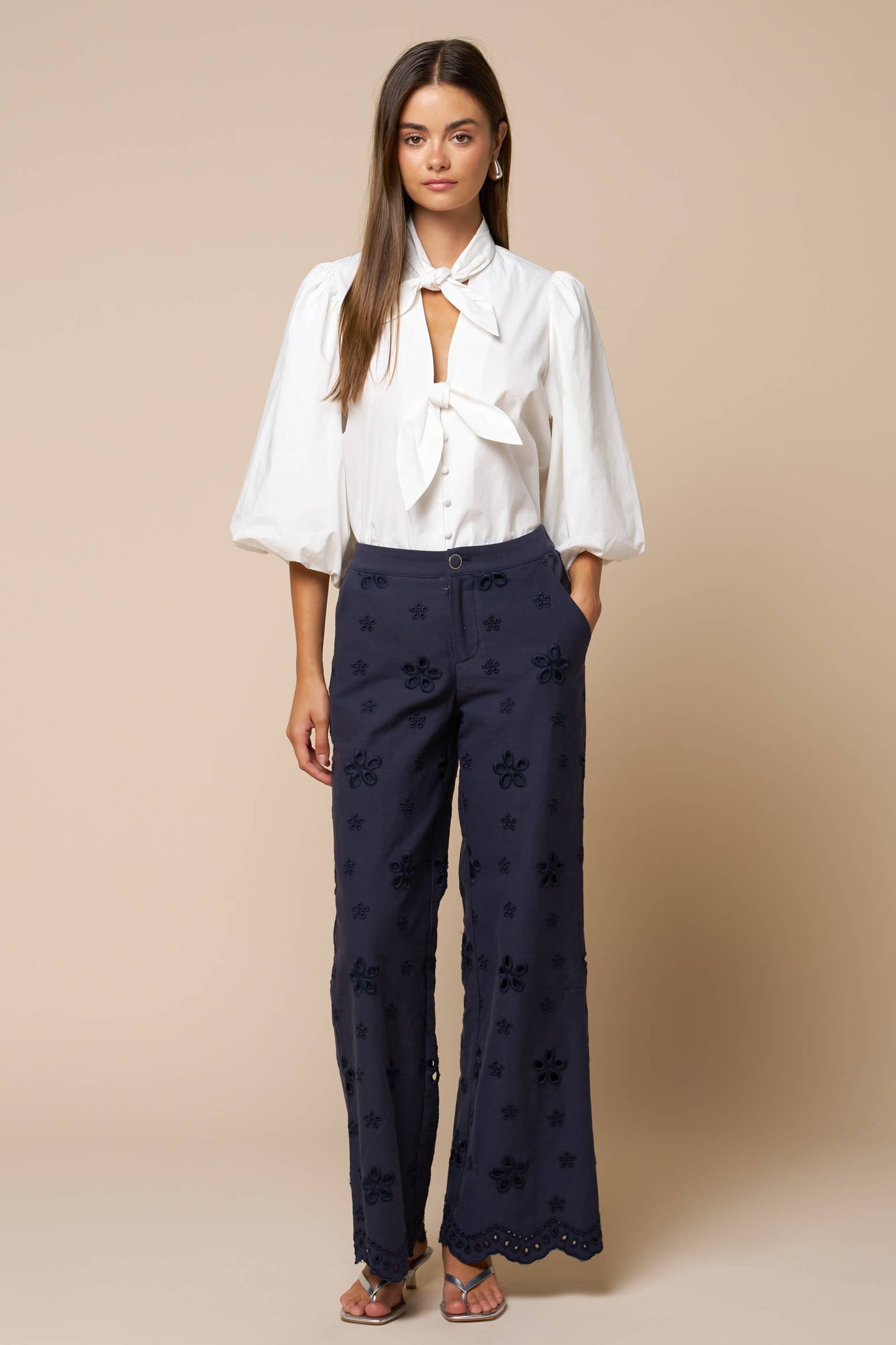 Puff Sleeve Button Down Blouse: OFF WHITE / L - Pink Peonies