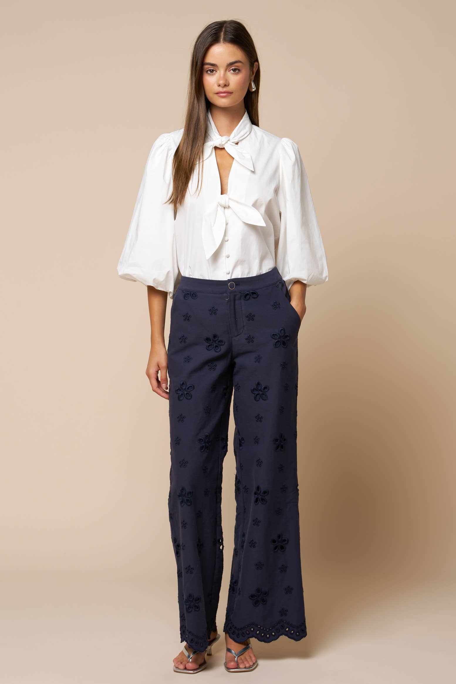 Puff Sleeve Button Down Blouse: OFF WHITE / L - Pink Peonies