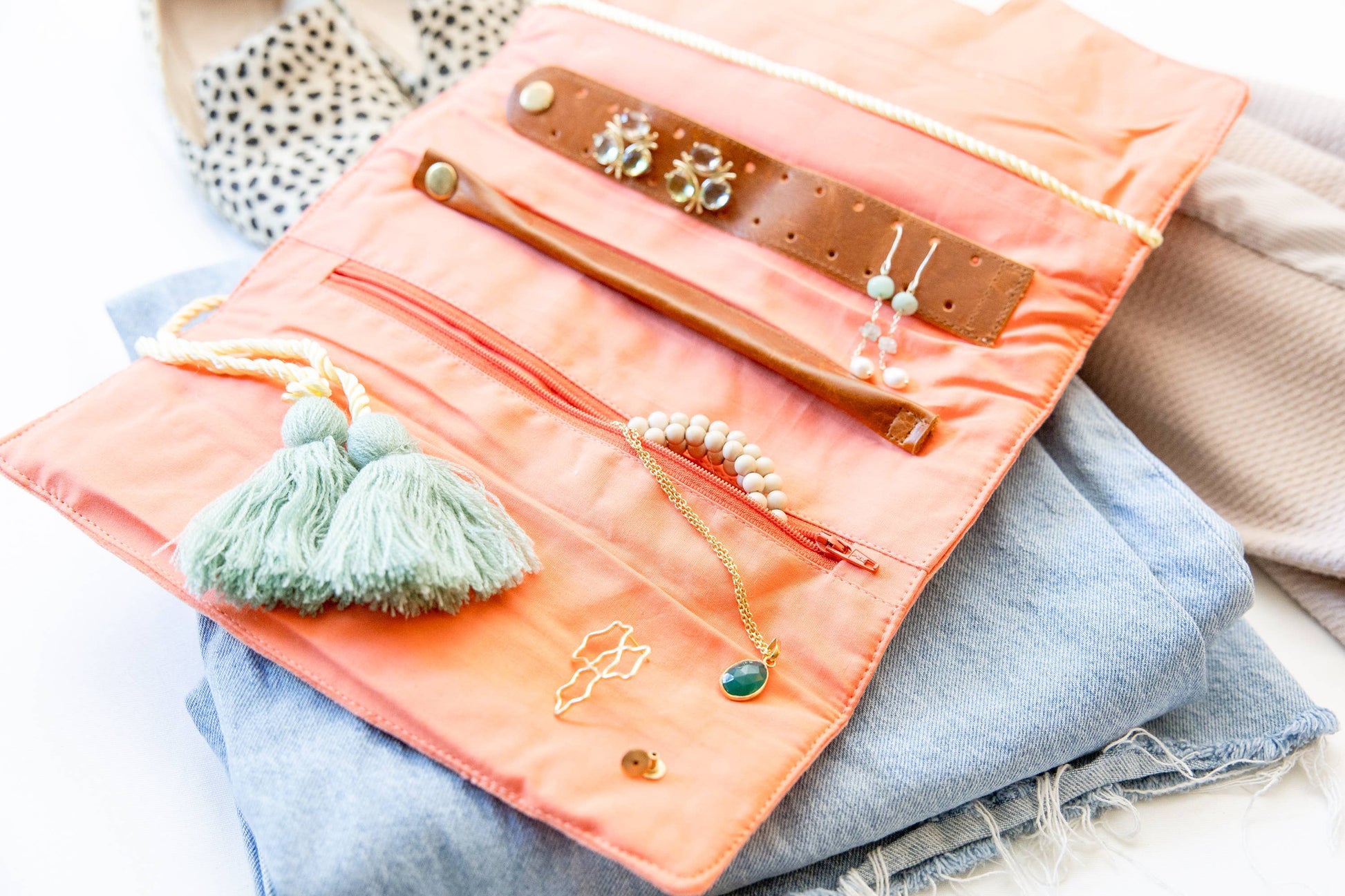 Embroidered Velvet Jewelry Organizer-Coral - Pink Peonies