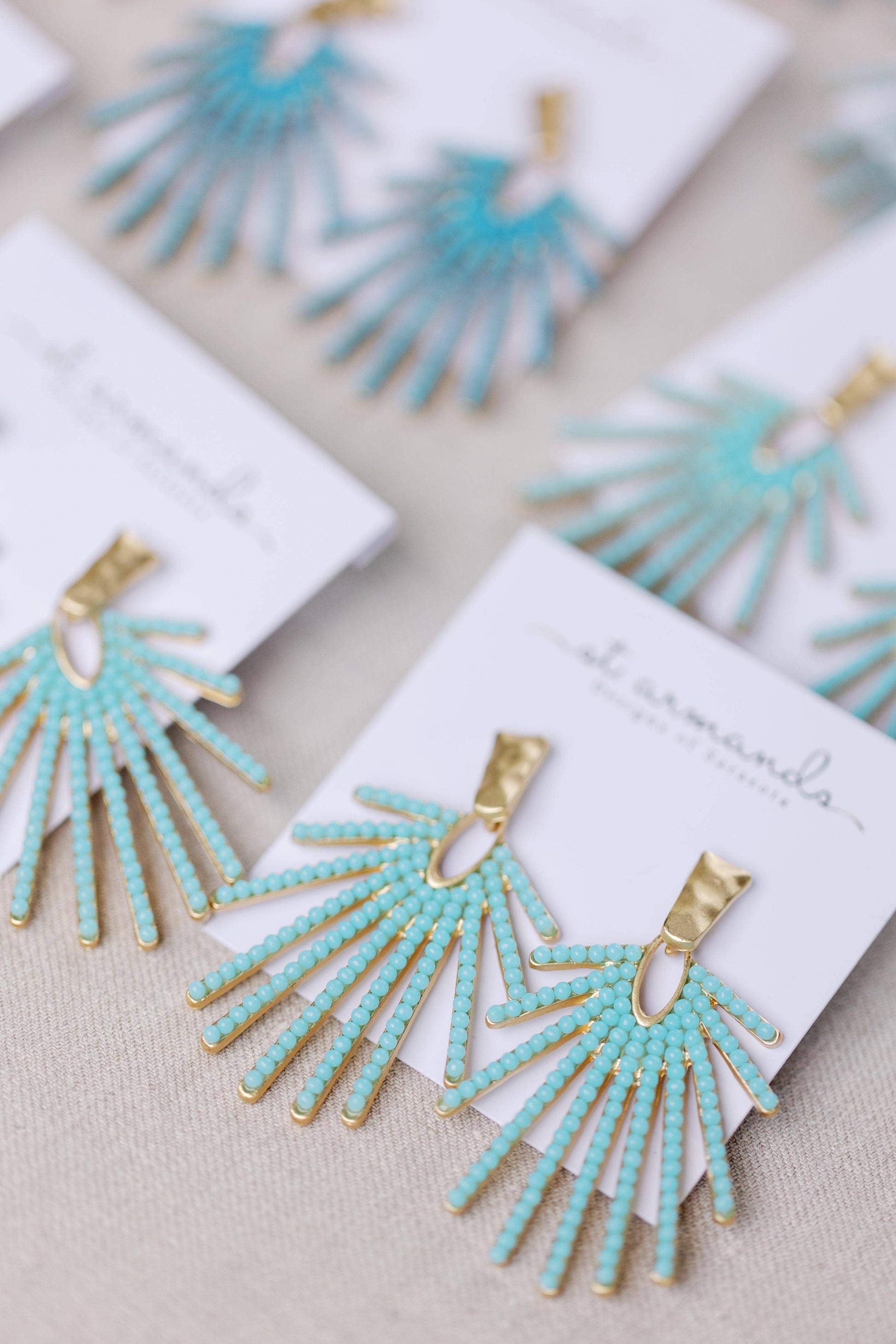 Light Turquoise Sunburst Statement Drop Earrings - Pink Peonies