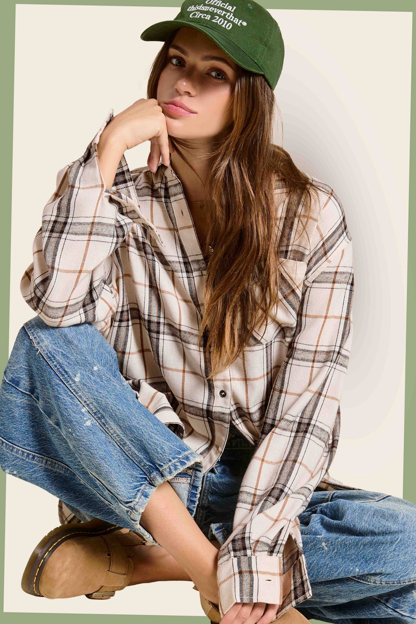 SRT1312-Soft Fabric Plaid Loose Fit Button Down Shirt: Bone / L - Pink Peonies