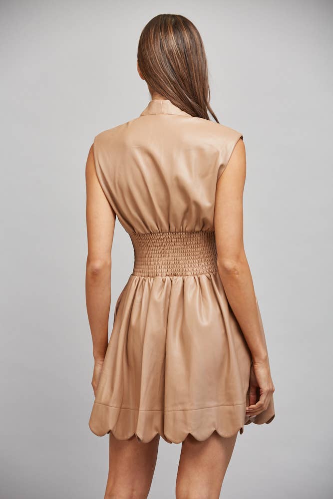 Faux Leather Smocked Waist Dress - Pink Peonies