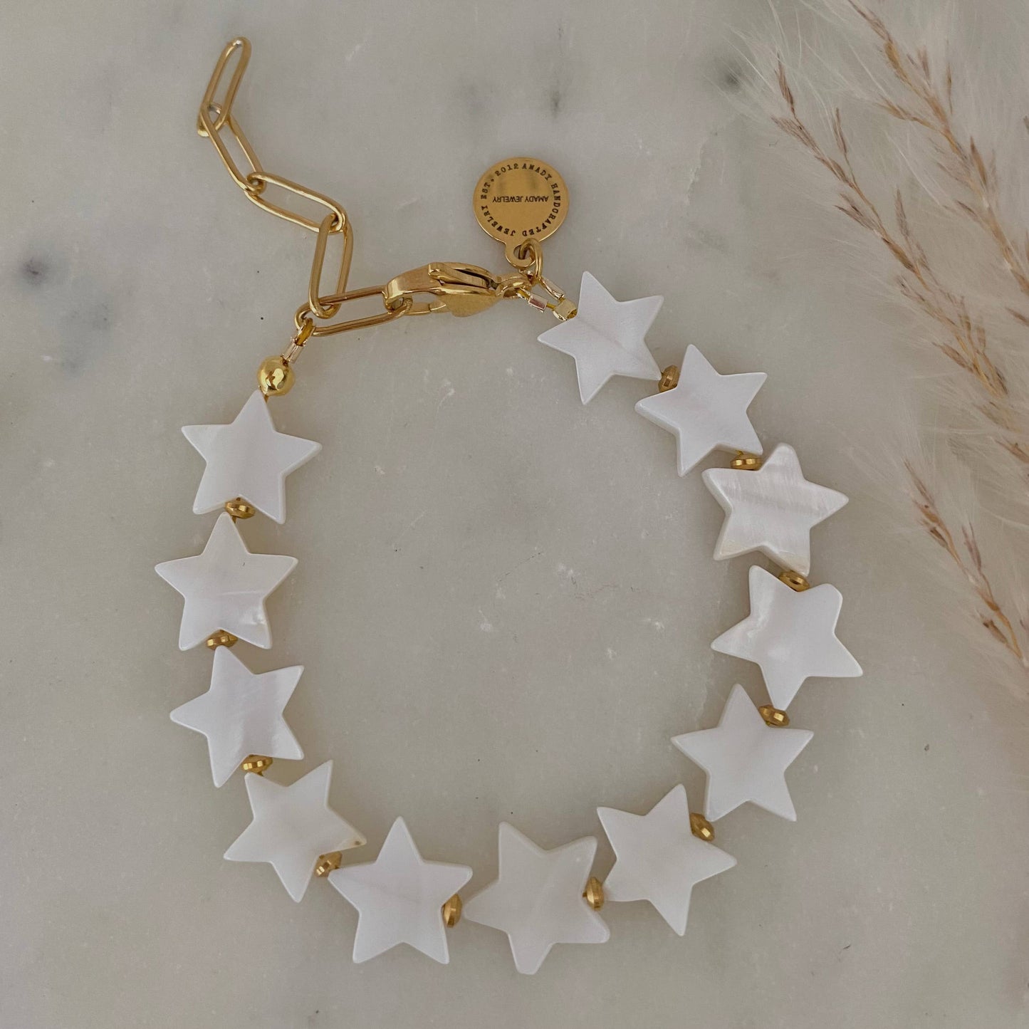 Stars pearl color paperclip chain 18k gold plated bracelet - Pink Peonies