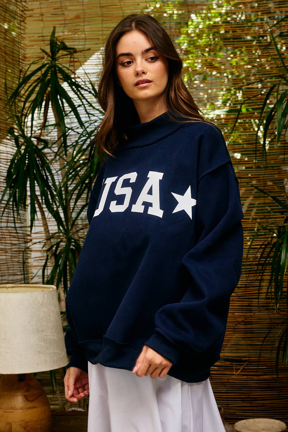 IT2594-USAGINGHAM USA/USA Map Reversible Oversize Sweatshirt: NAVY / S/M-L/XL (3-3) - Pink Peonies