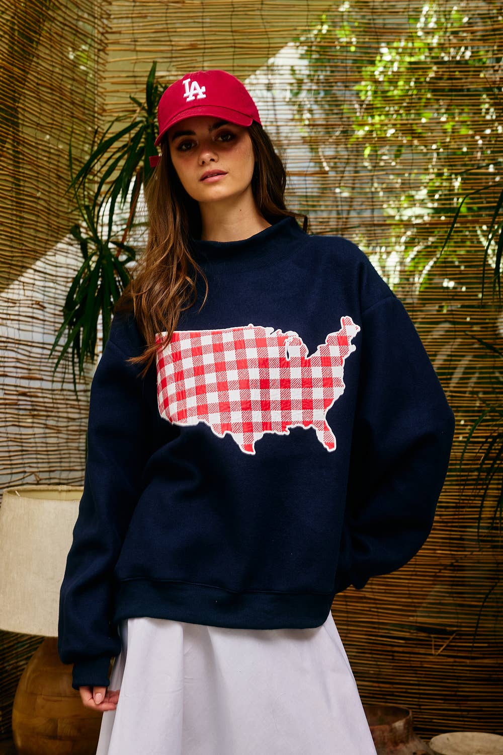 IT2594-USAGINGHAM USA/USA Map Reversible Oversize Sweatshirt: NAVY / S/M-L/XL (3-3) - Pink Peonies