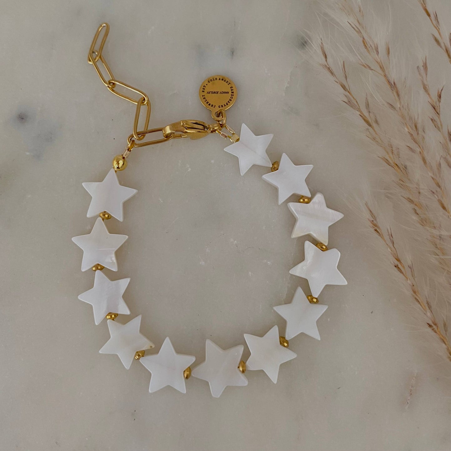 Stars pearl color paperclip chain 18k gold plated bracelet - Pink Peonies
