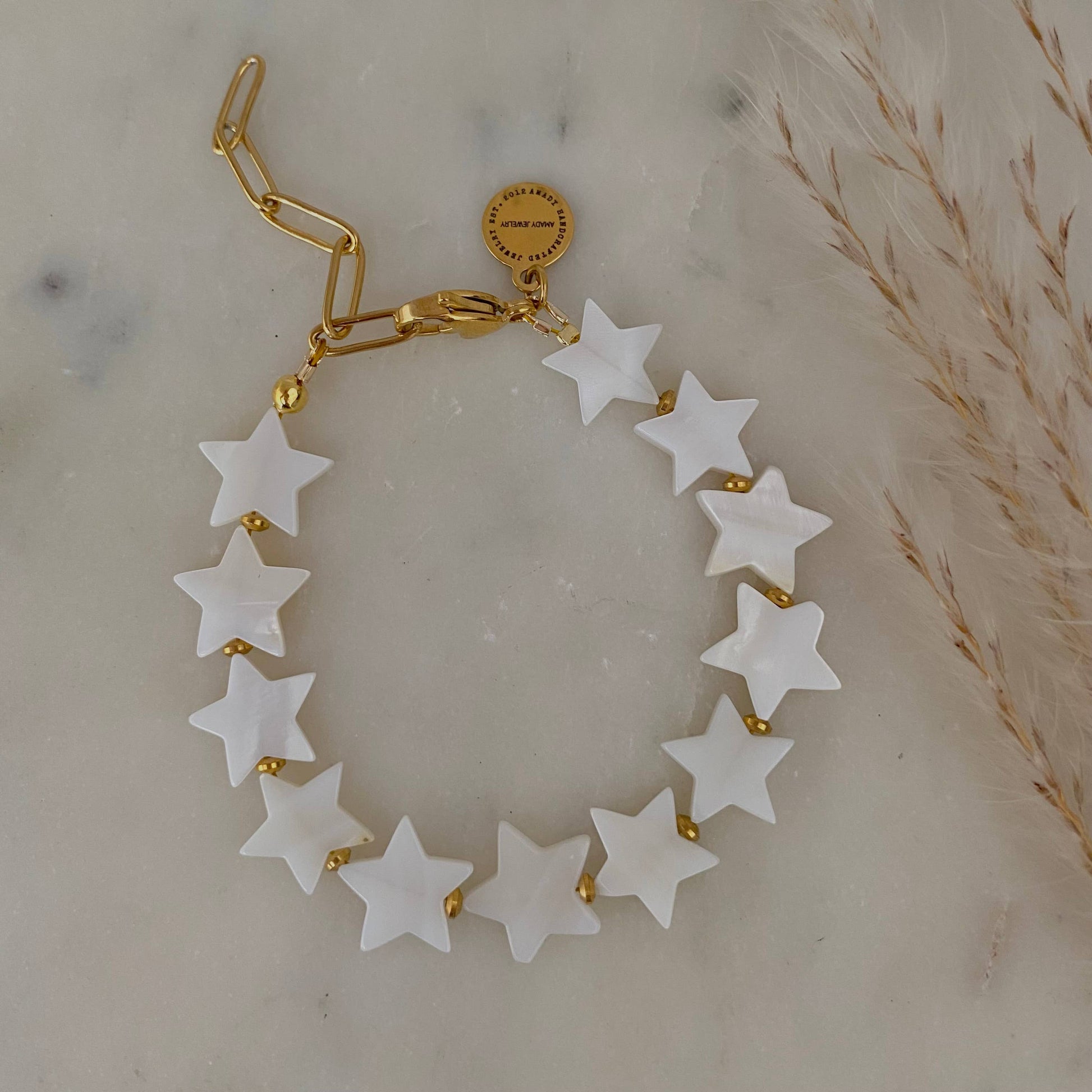 Stars pearl color paperclip chain 18k gold plated bracelet - Pink Peonies