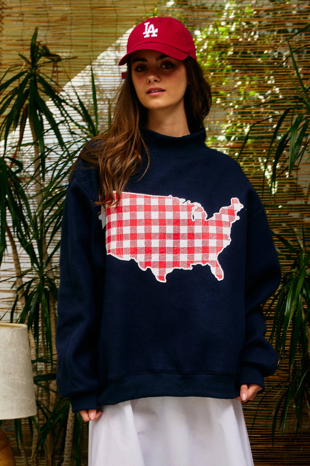 IT2594-USAGINGHAM USA/USA Map Reversible Oversize Sweatshirt: NAVY / S/M-L/XL (3-3) - Pink Peonies