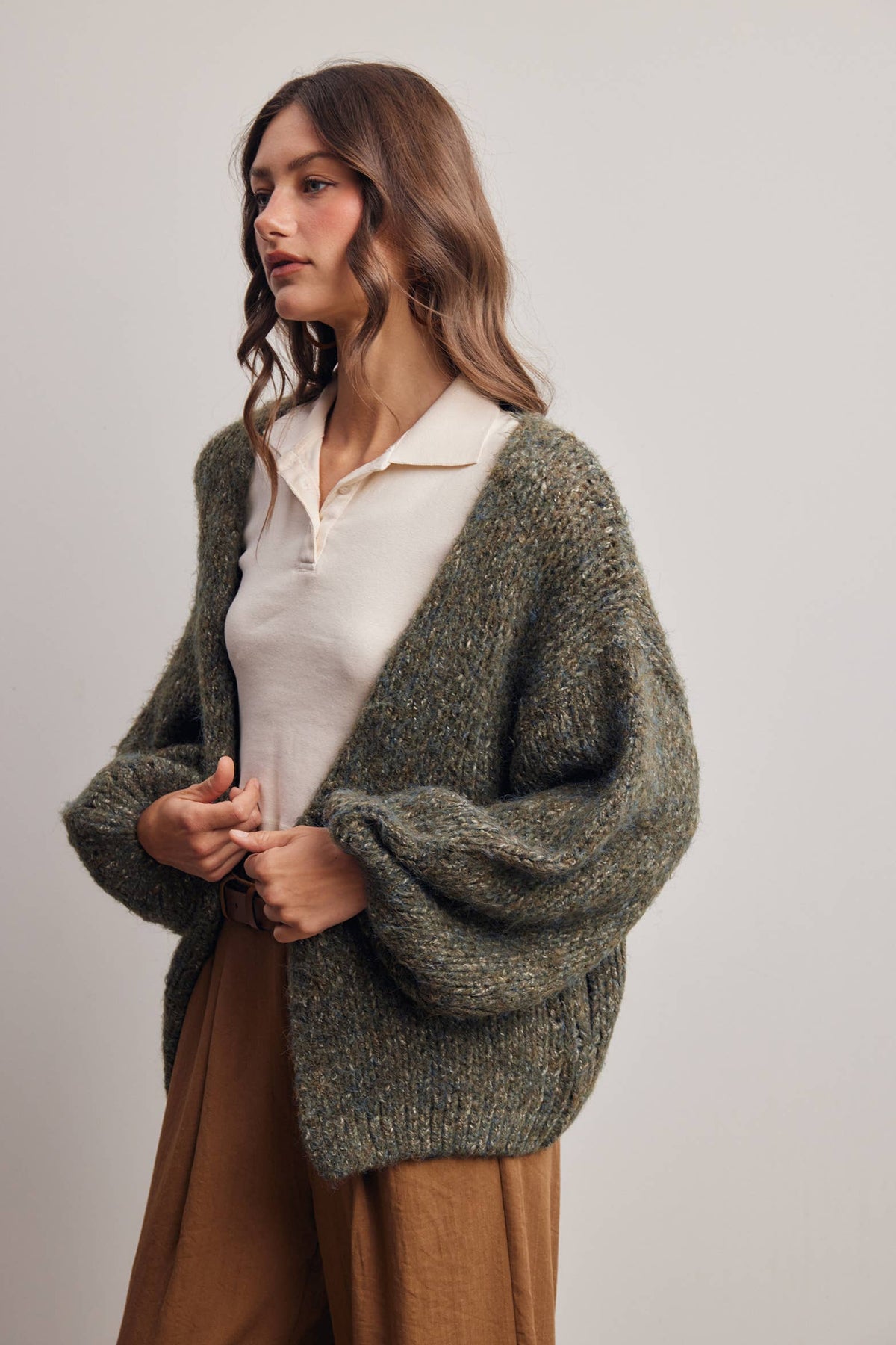Chunky Soft Touch Knit Cardigan FSW0074: Olive / Contemporary / L