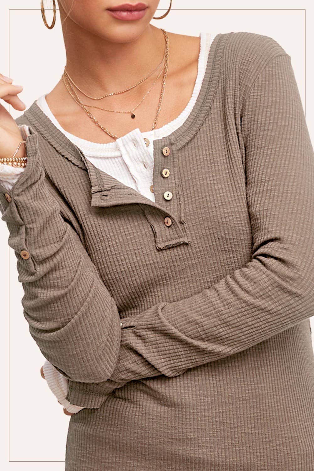 JAT7559-Ribbed Henley Neck Stitched Fitted Long Sleeve Top: Mocha / L - Pink Peonies