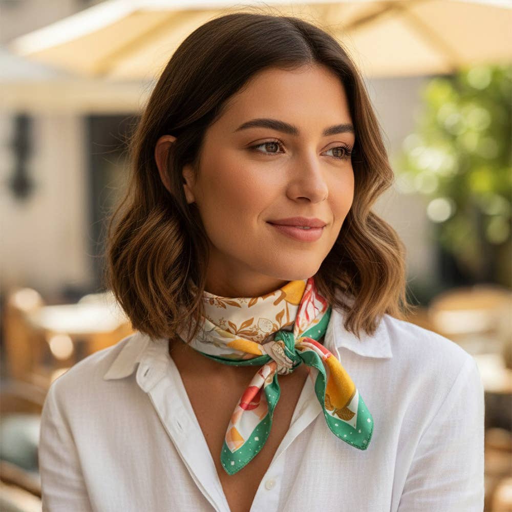Seaside Feast Print Square Bandana Scarf: Coral - Pink Peonies