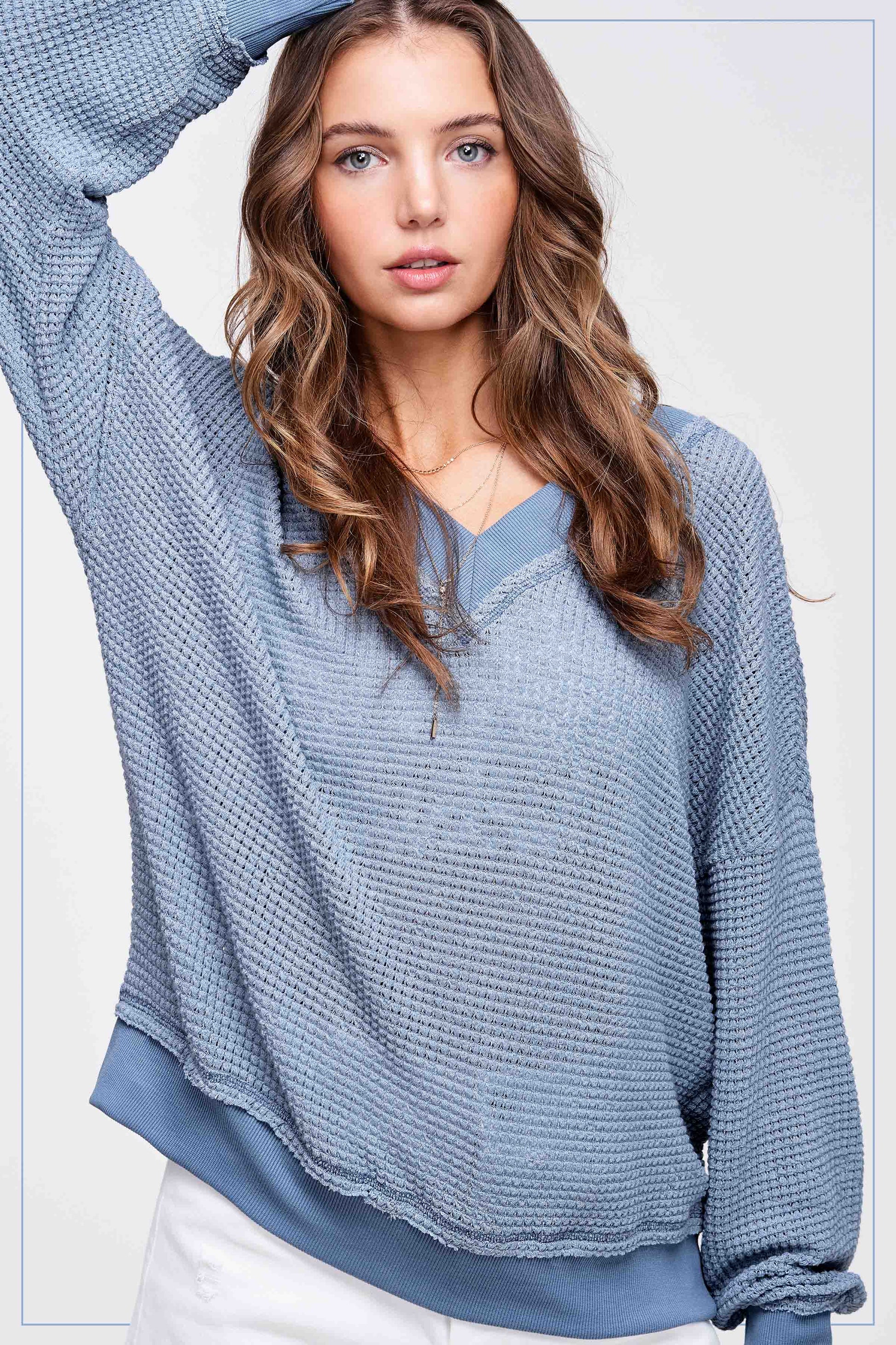 V-neck Waffle Top Blue - Pink Peonies