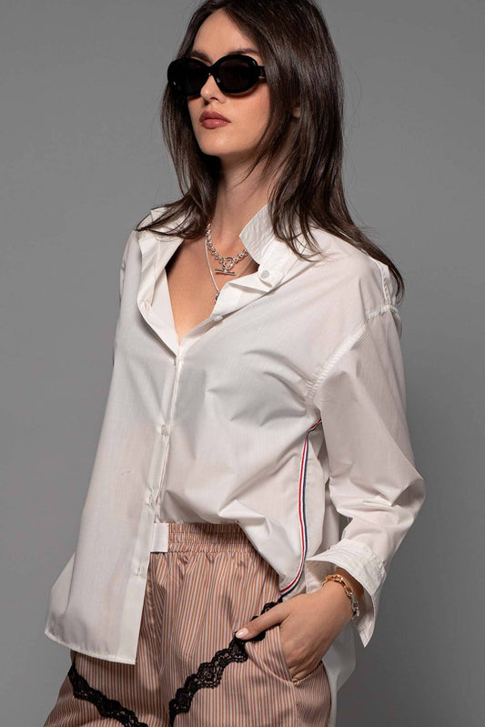 White Twill Tape Detail Statement Button Shirt - Pink Peonies