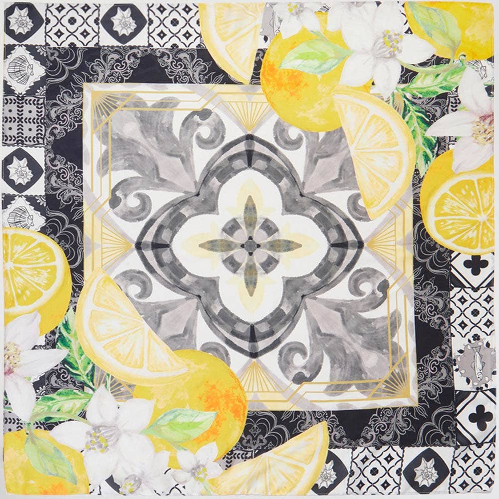 Orange Mosaic Print Square Bandana Scarf: Black - Pink Peonies