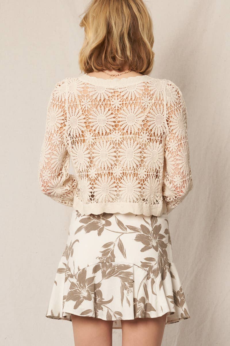 Ivory Floral Cropped Crochet Cardigan