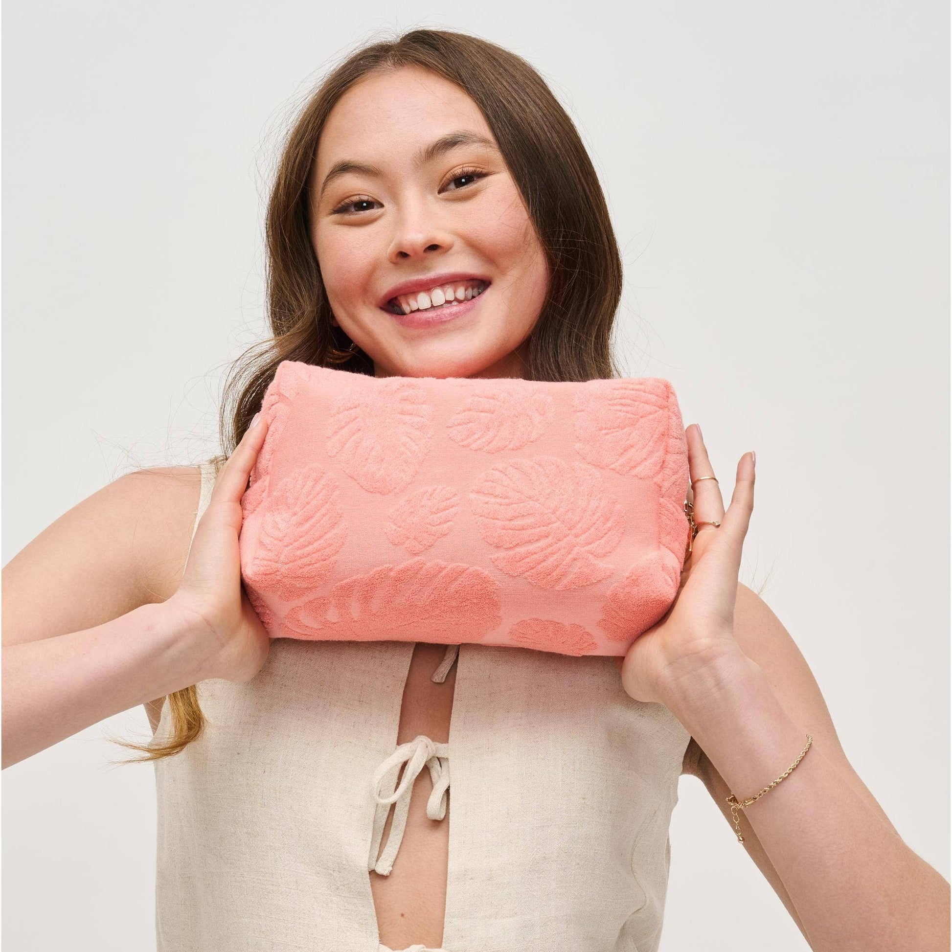 Palm Breeze Cosmetic & Travel Organizer Pouch: Peach - Pink Peonies